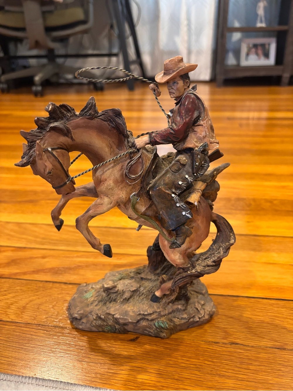 Rustic Brown Cowboy on Horse Resin Sculpture - Home Art Decor